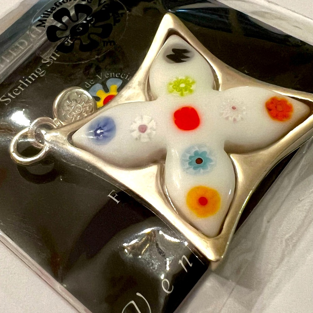 *Murano Glass Millefiori Pendant Sterling Silver 925 Authentic Italy Import, NEW